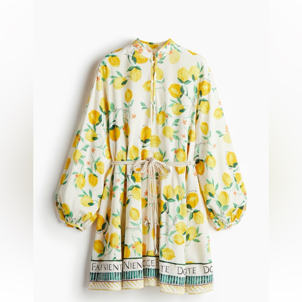 H&M lemon print macramé belt dress